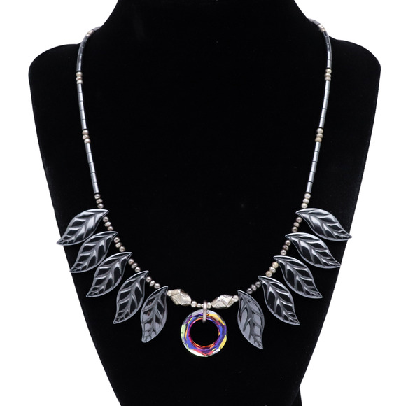 Vintage 925 Artisan Leaf Bib Necklace | Iridescent Crystal & Hematite | 19” - Picture 2 of 12